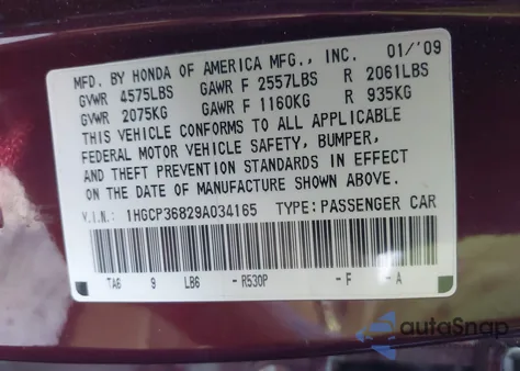 2009 Honda Accord 3.5 Ex-L from USA, damaged, VIN 1HGCP36829A034165